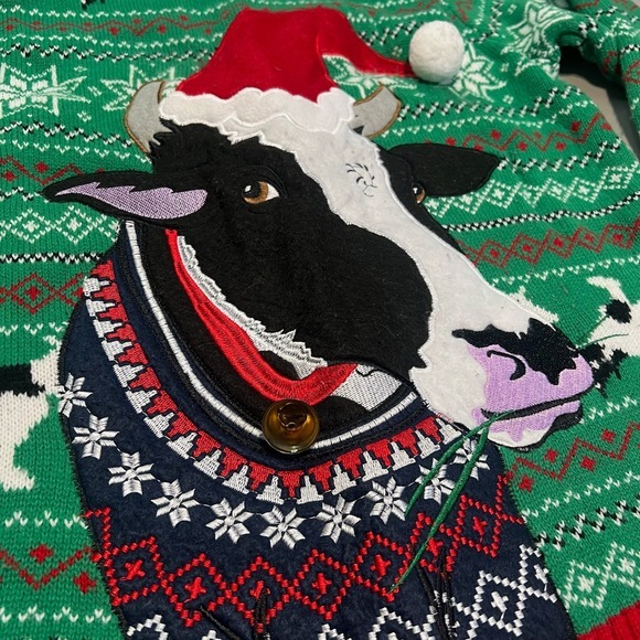 Blizzard Bay Men Ugly Xmas Office Knit Sweater Cow Santa Green M Bell Winter3823 - Picture 3 of 12